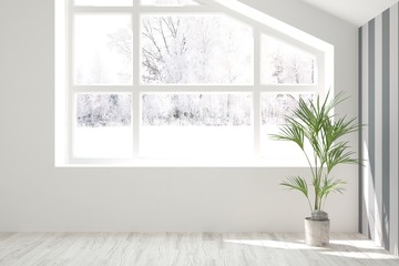 Fototapeta premium Mock up of empty room in white color with winter landscape in window. Scandinavian interior design. 3D illustration