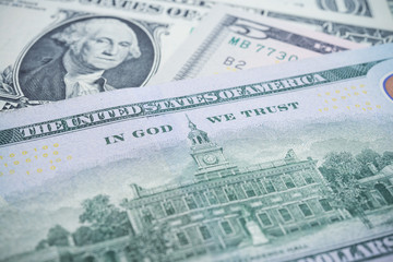 US dollar banknotes background focus on 