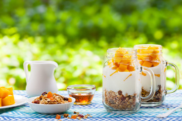 Healthy breakfast, dessert. Fresh mango fruit with yogurt and granola in jars. Outdoor background. Copy space.