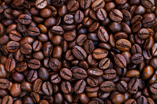 Coffee beans background. Top view. Copy space.