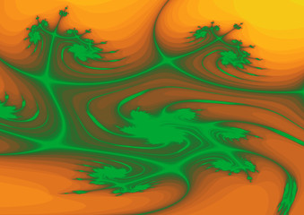 Fototapeta na wymiar Grünes abstraktes Muster auf herzförmigen orangefarbenen Maserungen im Querformat