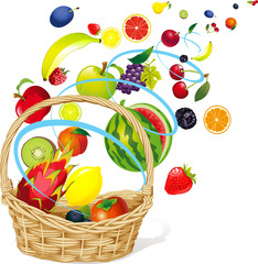 Fruits floating in a Abstract Windy Whirlpool and Basket - Vector Illustration