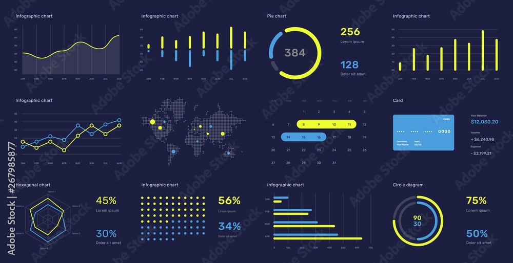 Aufkleber elements of infographics on a dark background. use in presentation templates, flyer and leaflet, cor
