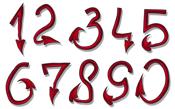 Handrawn Design Font Of Red Devil Numbers. Isolated On White Background. Vector Icon Set.