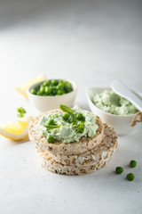 Healthy pea mint dip on rice bread