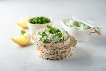Healthy pea mint dip on rice bread