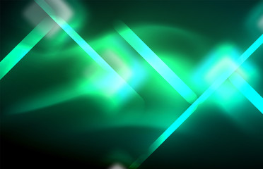 Neon square and line lights on dark background with blurred effects