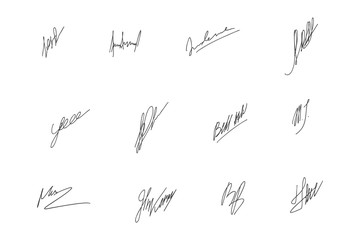 Vector collection of handwritten signatures on white background