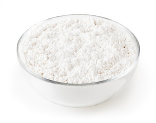 Wheat flour in glass bowl isolated on white background with clipping path