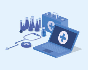 laptop telemedicine service with medical kit and drugs