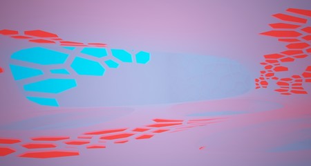 Abstract  white Futuristic Sci-Fi interior With Red And Blue Glowing Neon Tubes . 3D illustration and rendering.