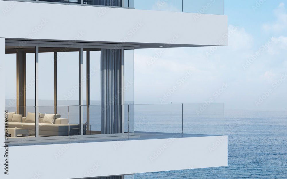 Poster perspective of high-rise condominium building with sea view background - 3d rendering - illustration