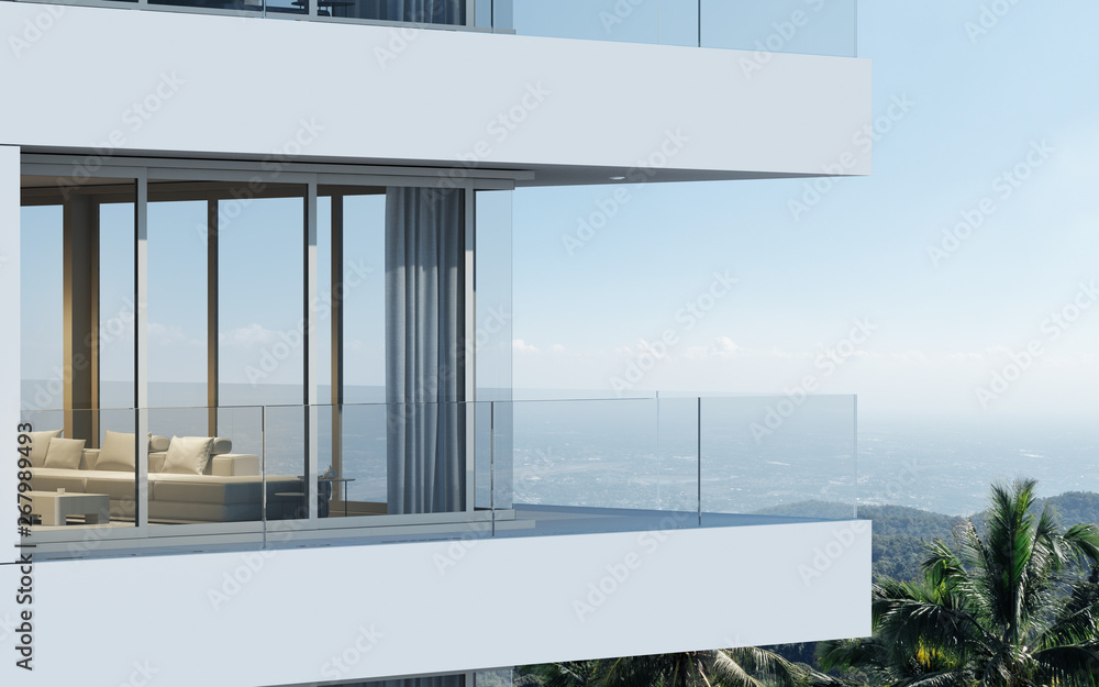 Poster Perspective of high-rise condominium building with mountain and city view background - 3D rendering - Illustration