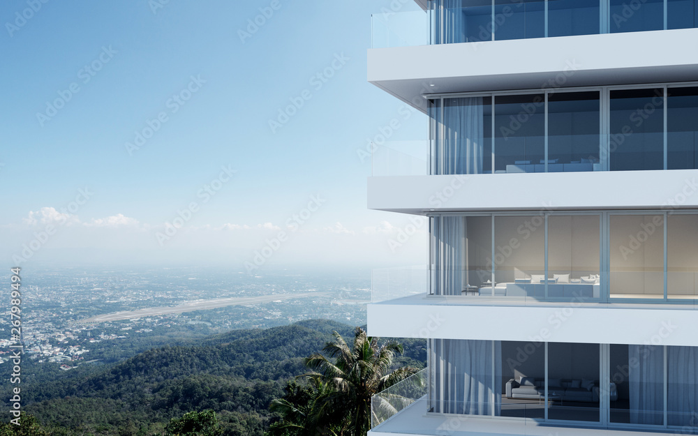 Poster perspective of high-rise condominium building with mountain and city view background - 3d rendering 
