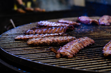 Fried meat grill, fire grille smoke.