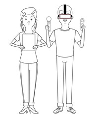 Millennial people game party in black and white