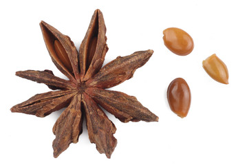 Top view of dry star anise fruit and seeds isolated on white