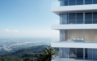 Perspective of high-rise condominium building with mountain and city view background - 3D rendering - Illustration © nuchao