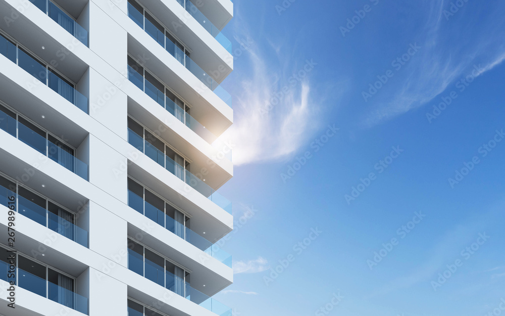 Poster perspective of high-rise condominium building with sea view background - 3d rendering - illustration