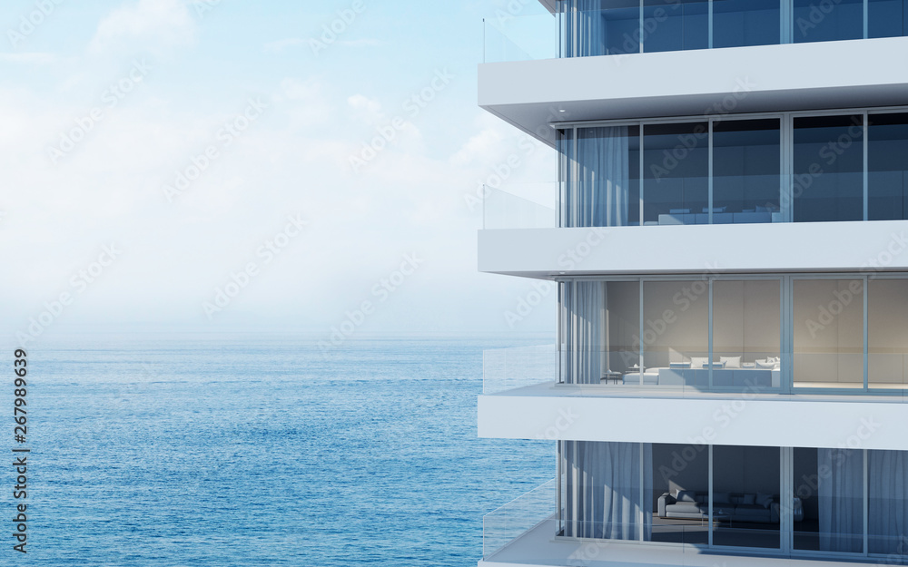 Poster perspective of high-rise condominium building with sea view background - 3d rendering - illustration