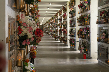 Viale di tombe con fiori per i defunti all'interno di un cimitero