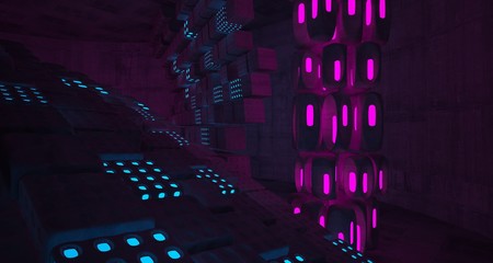 Abstract  Concrete Futuristic Sci-Fi interior With Pink And Blue Glowing Neon Tubes . 3D illustration and rendering.