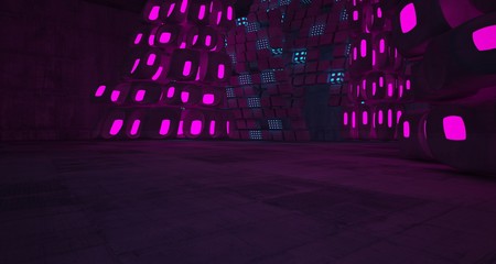 Abstract  Concrete Futuristic Sci-Fi interior With Pink And Blue Glowing Neon Tubes . 3D illustration and rendering.