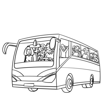 A class on a class trip with teachers and bus drivers who are all happy and laughing. Vector illustration of a travel bus diagonally from the side in black and white. isolated, doodle.