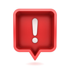 3d social media notification Exclamation mark icon in red rounded square pin isolated on white background with shadow 3D rendering