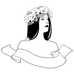 Head and shoulders of beautiful girl with flower wreath and text banner on white background. Label, logo or brand.