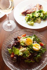 Perfect dinner with cobb egg salad and a glass of white wine