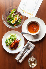 Three-course set menu for a nutritious healthy lunch in a restaurant