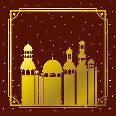 frame with golden mosque building with stars sky