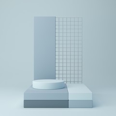 3d rendering. Abstract podium with silver, dark and light blue shapes. Geometric forms in modern minimal design. Minimalistic mock up for promotion, cosmetic background, product show. Podium.