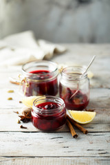 Homemade cherry jam with lemon and cinnamon