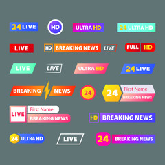 Set of TV news bars. Sign of lower third, live news. Banners for broadcasting television video.