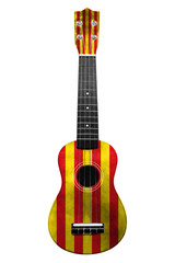 Hawaiian national guitar, ukulele, with a painted Catalonia flag, on a white isolated background, as a symbol of folk art or a national song.