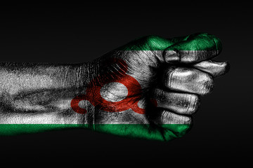 A hand with a painted Ingushetia flag shows a fig, a sign of aggression, disagreement, a dispute on...