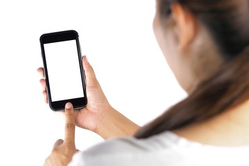 The woman's hand is holding the phone in his hand. The phone has a white screen.