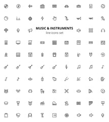 Music, audio, instruments, club parties, live sound. Minimalism symbols. Line icons set.