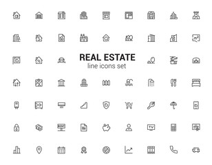 Real estate agent, apartments, houses and plots. Minimalism logos and symbols. Line icons set.