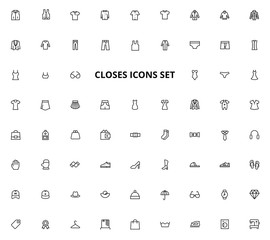 Casual clothing, outfit, fashion and style. Children's shirts and dresses, men's and women's underwear. Minimalism symbols. Line icons set. 