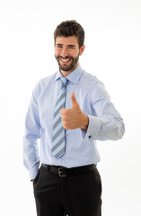 Portrait of attractive stylish and successful businessman smiling with thumbs up gesture
