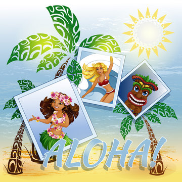 Vector background with Hawaiian scenery and three frames with images of Hawaiian dancer Hulu, surfer and totem tiki. Palms, the sea, the sun in the form of traditional patterns.