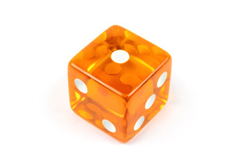 Dice of caramel color isolated on white with shadow. One, top view.