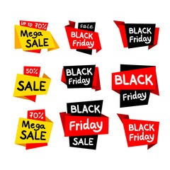 Sale tags. Big sale, discount, best price, black friday, mega sale banner. Shop or online shopping. Sticker, badge coupon set. Vector Illustration