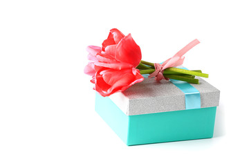 tulips on gift box isolated on white background