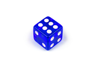 A blue glass dice isolated on a white background with a shadow, six.