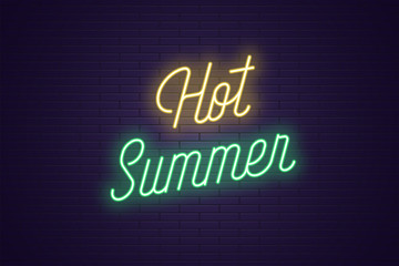 Neon lettering of Hot Summer. Glowing text