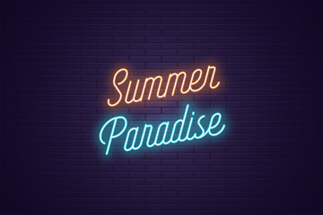 Neon lettering of Summer Paradise. Glowing text